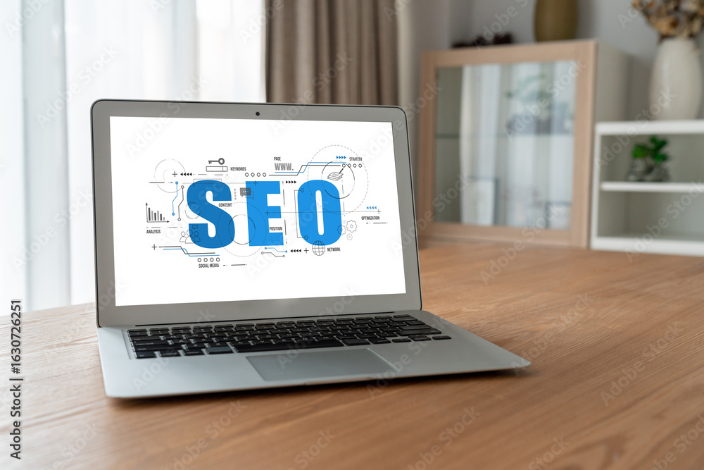 Poster seo search engine optimization for modish e-commerce and online retail business showing on computer 