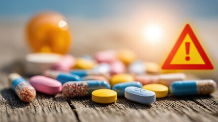Sharp medium shot highlighting a selection of everyday medicines against a blurred background featuring a bright sun and heatstroke caution icon conveying the dangers of sun