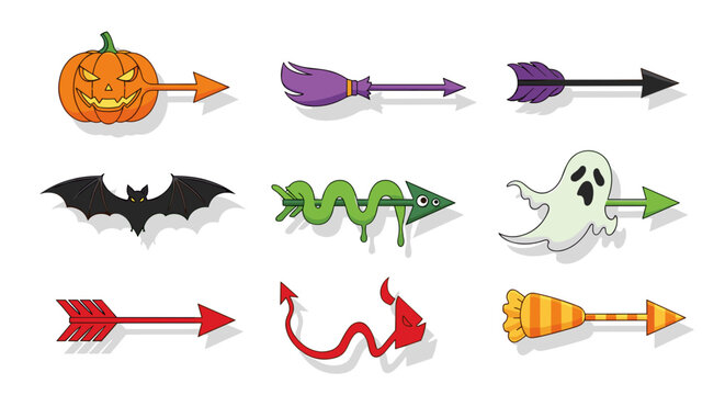 Halloween themed arrow pointer icons for festive designs and presentations