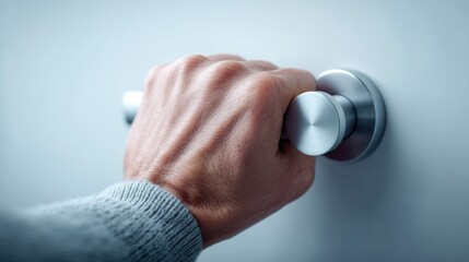 Fototapeta premium A hand holding a modern silver door handle in a close-up shot, suggesting action.