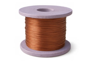Copper wire neatly wound on a spool, isolated on a transparent background, perfect for industrial or diy projects