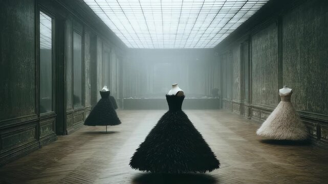 Elegant ballgowns on display in atmospheric gallery. Fashion exhibition showcasing iconic dresses. Haute couture history in moody museum setting with illuminated ceiling.