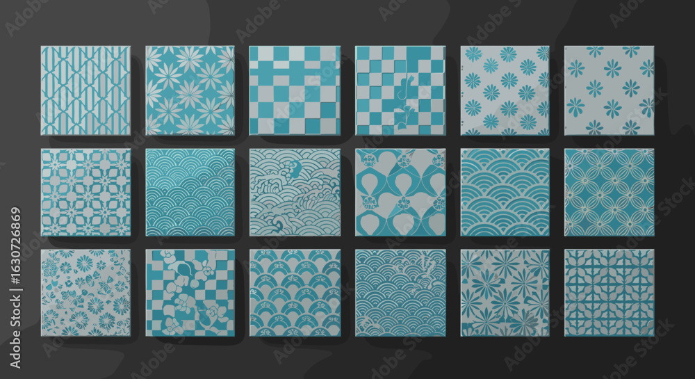 Poster aqua and silver pattern collection on tiles creating a geometric display.