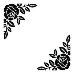 Elegant black rose floral corner accents with leaves and stems on a clean white background
