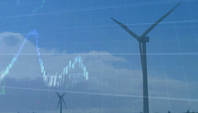 Wind Turbine and market growth: A powerful illustration of the renewable energy industry with a vibrant wind turbine against the sky, superimposed with market analysis graphs