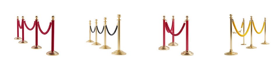 Set of Elegant VIP Barrier Posts with Velvet Ropes in Red, Black, and Yellow isolated on transparent background