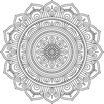 Intricate black and white line art mandala design with symmetrical floral and abstract patterns, perfect for coloring pages and relaxation.