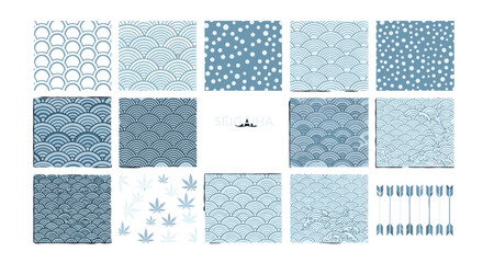Various blue and white pattern swatches arranged in neat grid