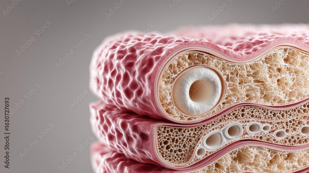 Poster a detailed cross-section of a biological structure reveals intricate cellular layers and components.