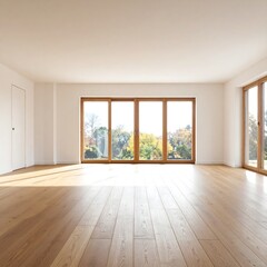 Obraz premium Empty room with large windows, wooden floors