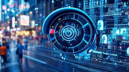 Advanced security camera with holographic interface scanning crowded city street. Futuristic technology tracking pedestrian movement with digital data visualization. - Powered by Adobe
