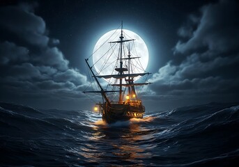 Fototapeta premium A majestic ship sails under a full moon on a stormy night.
