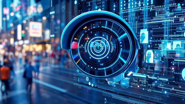 Advanced security camera with holographic interface scanning crowded city street. Futuristic technology tracking pedestrian movement with digital data visualization. - Powered by Adobe