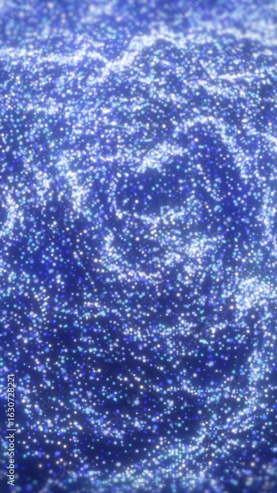 Poster dense glowing field of small blue and white particles forming an abstract shimmering digital texture