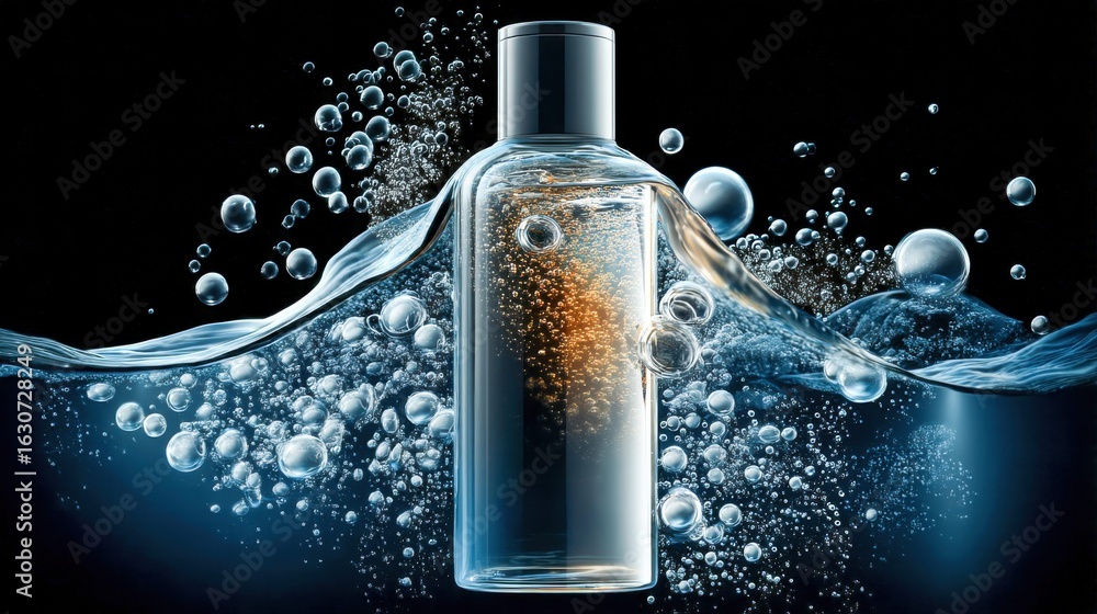Poster bottle submerged in water with bubbles, creating a refreshing and clean aesthetic.