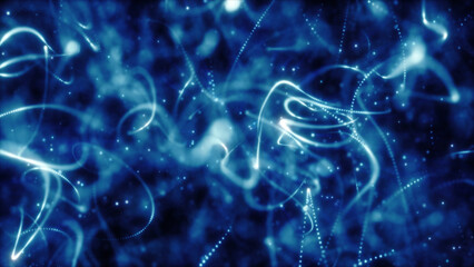 Abstract glowing blue fiber optic strands swirling in a dynamic digital network formation