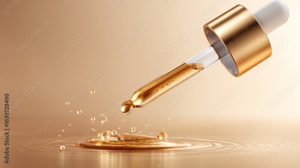 Poster golden serum dropping from a pipette into a liquid creating a beautiful ripple effect.