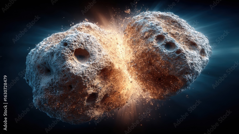 Aufkleber two asteroids colliding in space, creating a spectacular cosmic explosion.