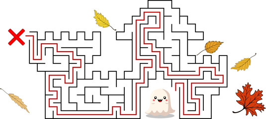Spooky ghost escape the castle. A Halloween-themed vector maze game where squishy cute spirit must navigate through a haunted fortress. Help it find the right path to escape the labyrinth