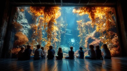 Children viewing vast kelp forest aquarium