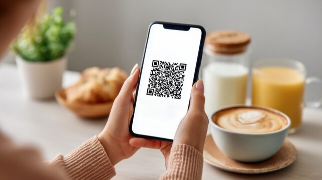 Hands holding a phone with a QR code, ready for a delicious breakfast.