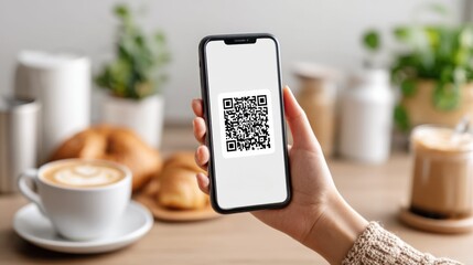 Close up of a hand holding a smartphone with a QR code, ready for a payment.