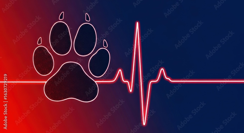 Poster a paw print with an outline and a red heartbeat line on a red and blue gradient background image