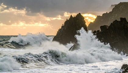 Dramatic sunset over stormy ocean waves crashing against jagged rocks
