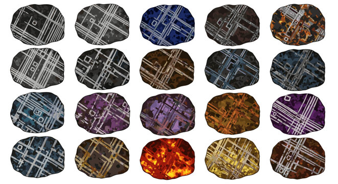 Colorful chondrite meteorite fragments arranged in grid on a white background
