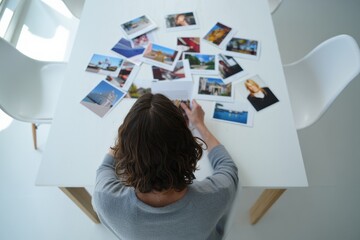Woman sorting travel photos memories on white table top vacation photography project