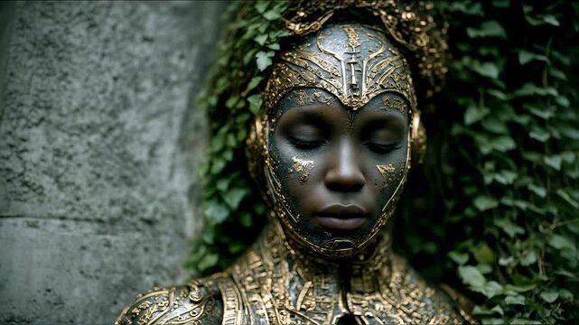 African american woman with golden body paint and ornate headdress in nature. Mythical forest goddess. Fantasy art concept for film, cosplay, or environmental awareness.