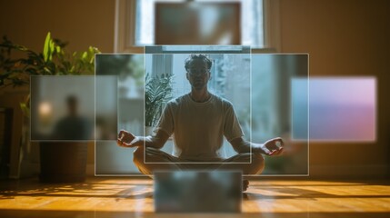Sharp image of a polarizing figure explaining unconventional wellness strategies via webcam framed by softedged digital conference windows.