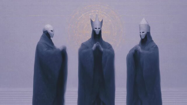 Eerie figures in dark robes with animal-like masks standing still. Haunting horror scene concept for film, Halloween, or gothic aesthetic. Mysterious and unsettling artistic imagery.