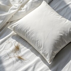 Unmade bed with white pillow and hair strands in morning sunlight