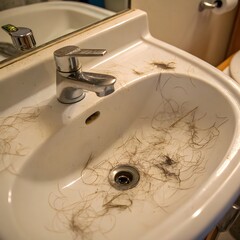 Scattered human hair strands and debris in a used white ceramic bathroom sink with a metal faucet