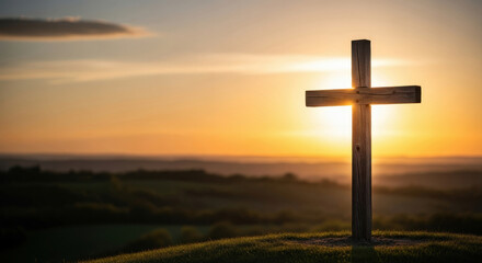 A wooden cross silhouette against a vibrant sunset, evoking a sense of peace and spirituality