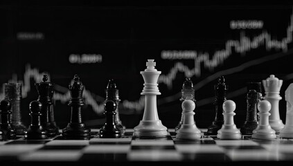 Chess pieces on a board, with financial charts in the background