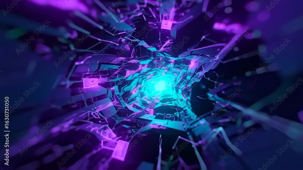Wall mural cyberpunk tunnel: dynamic abstract techscape with neon glow and geometric shapes