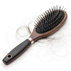 Wooden hairbrush with tangled strands of lost hair on a white surface, symbolizing hair loss issues