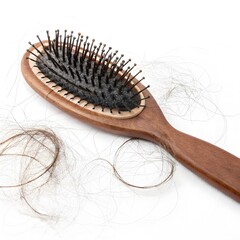 Wooden hairbrush filled with detached human hair strands on a clean white surface
