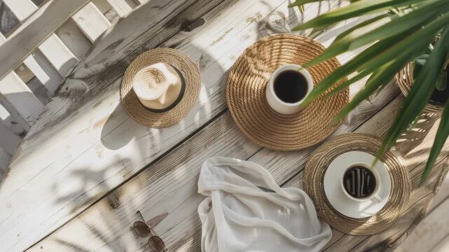 Two cups of coffee and two straw hats sit on a wooden table