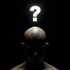 Head of a human figure with a glowing question mark hovering above it in a dark void
