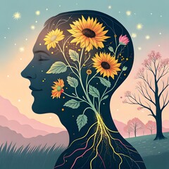 Silhouette Profile with Sunflowers and Blooming Tree in a Dreamlike Landscape