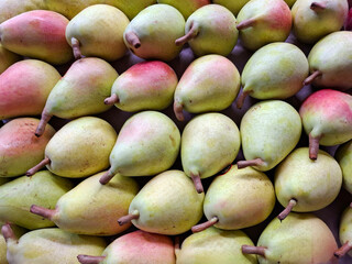Ripe pears arranged closely together showcasing their smooth, textured skin and subtle color variations in a vibrant display