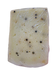 A piece of creamy goat cheese is infused with a blend of spices, highlighting its artisan roots....