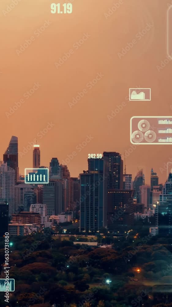 Poster business data analytic interface fly over smart city showing alteration future of business intellige