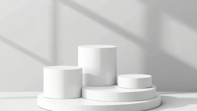 A group of white pedestals sit on a clean white surface
