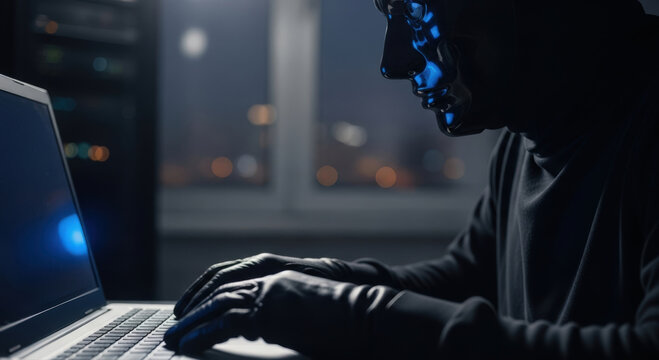 A person in a hoodie working on laptop, looking like a cyber threat 