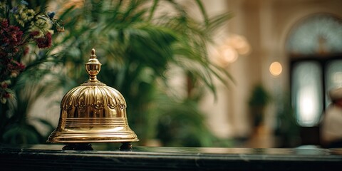 Ornate gold bell sits on a marble counter, hotel lobby