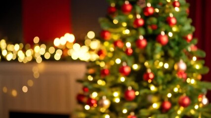 A festive Christmas tree, adorned with red ornaments and twinkling lights, stands brightly. A cozy scene with a red backdrop and garland - Powered by Adobe